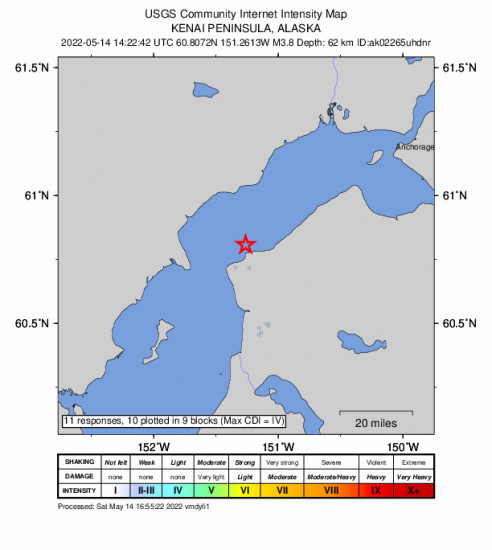 GEO Community Internet Intensity Map for the Nikiski, Alaska 3.8m Earthquake, Saturday May. 14 2022, 6:22:42 AM