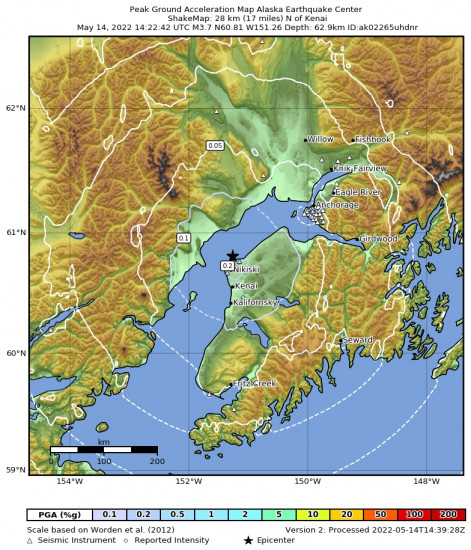 Peak Ground Acceleration Map for the Nikiski, Alaska 3.8m Earthquake, Saturday May. 14 2022, 6:22:42 AM