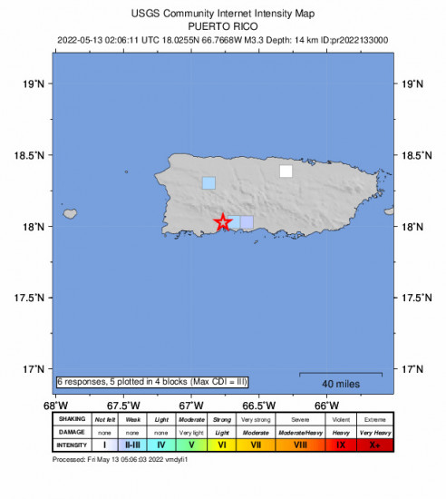 GEO Community Internet Intensity Map for the Magas Arriba, Puerto Rico 3.27m Earthquake, Thursday May. 12 2022, 10:06:11 PM