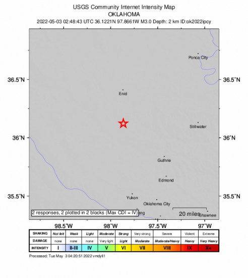 GEO Community Internet Intensity Map for the Hennessey, Oklahoma 2.97m Earthquake, Monday May. 02 2022, 9:48:43 PM