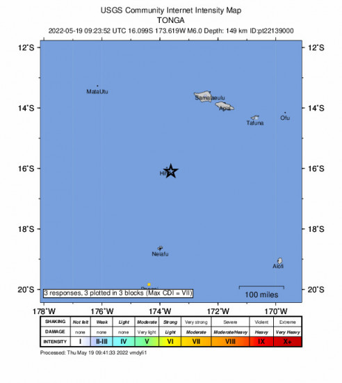 GEO Community Internet Intensity Map for the Hihifo, Tonga 6m Earthquake, Thursday May. 19 2022, 10:23:52 PM