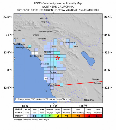 GEO Community Internet Intensity Map for the Palomar Observatory, Ca 3.48m Earthquake, Friday May. 13 2022, 6:32:36 AM