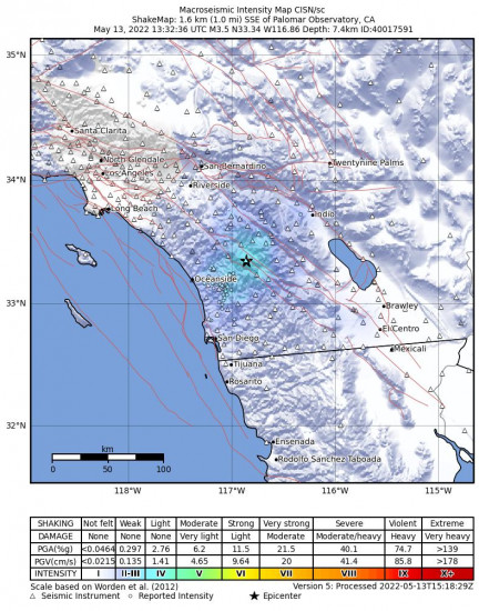 Macroseismic Intensity Map for the Palomar Observatory, Ca 3.48m Earthquake, Friday May. 13 2022, 6:32:36 AM