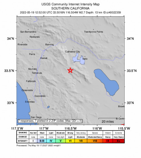 Community Internet Intensity Map for the Anza, Ca 2.7m Earthquake, Thursday May. 19 2022, 5:52:00 AM