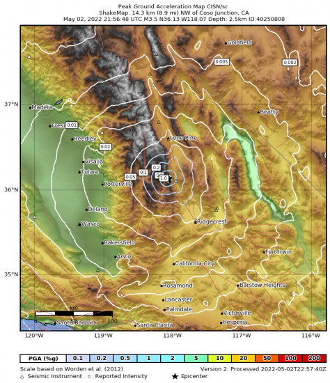Peak Ground Acceleration Map for the Coso Junction, Ca 3.45m Earthquake, Monday May. 02 2022, 2:56:48 PM