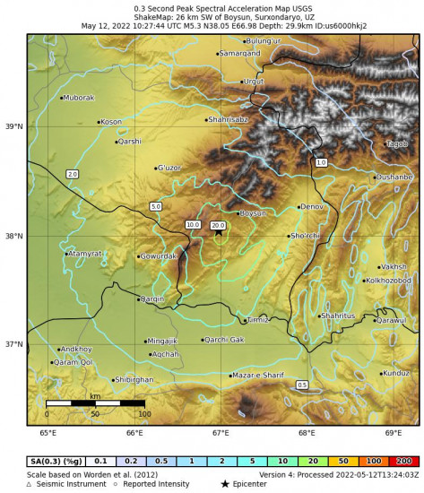 0.3 Second Peak Spectral Acceleration Map for the Eastern Uzbekistan 5.3m Earthquake, Thursday May. 12 2022, 3:27:44 PM