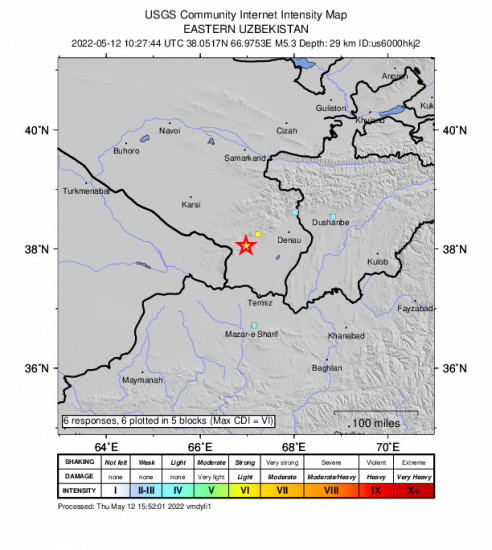 GEO Community Internet Intensity Map for the Eastern Uzbekistan 5.3m Earthquake, Thursday May. 12 2022, 3:27:44 PM