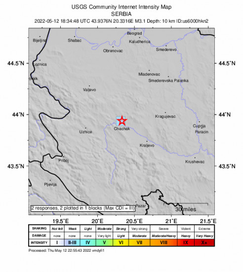 GEO Community Internet Intensity Map for the Čačak, Serbia 3.1m Earthquake, Thursday May. 12 2022, 8:34:48 PM