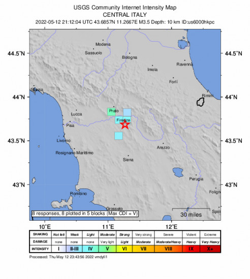 GEO Community Internet Intensity Map for the Central Italy 3.5m Earthquake, Thursday May. 12 2022, 11:12:04 PM