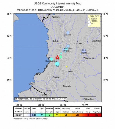Community Internet Intensity Map for the Darien, Colombia 5m Earthquake, Thursday May. 12 2022, 4:23:31 PM