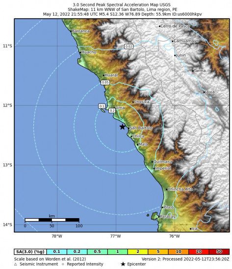3 Second Peak Spectral Acceleration Map for the Central Peru 5.4m Earthquake, Thursday May. 12 2022, 4:55:48 PM