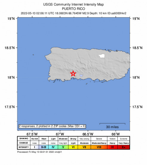 Community Internet Intensity Map for the Santo Domingo, Puerto Rico 2.9m Earthquake, Thursday May. 12 2022, 10:06:11 PM