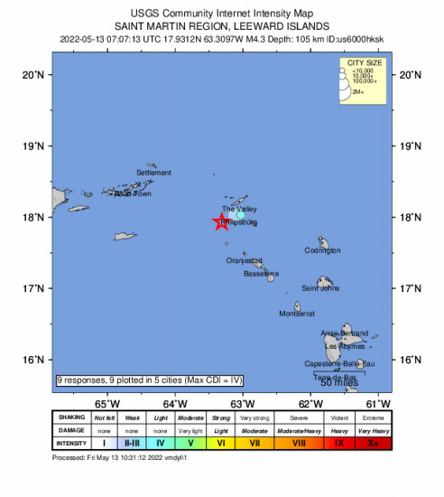 Community Internet Intensity Map for the Upper Hell's Gate, Bonaire, Saint Eustatius And Saba  4.3m Earthquake, Friday May. 13 2022, 3:07:13 AM