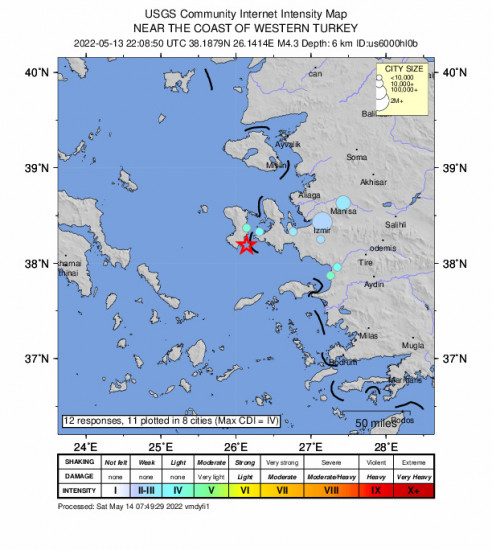 Community Internet Intensity Map for the Thymianá, Greece 4.3m Earthquake, Saturday May. 14 2022, 1:08:50 AM