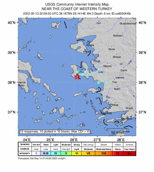 GEO Community Internet Intensity Map for the Thymianá, Greece 4.3m Earthquake, Saturday May. 14 2022, 1:08:50 AM