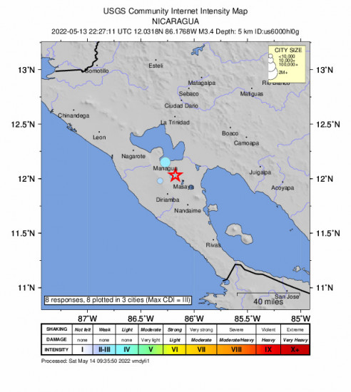 Community Internet Intensity Map for the Ticuantepe, Nicaragua 3.4m Earthquake, Friday May. 13 2022, 4:27:11 PM