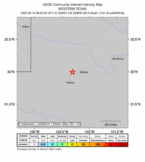 GEO Community Internet Intensity Map for the Gardendale, Texas 2.6m Earthquake, Saturday May. 14 2022, 3:25:52 AM