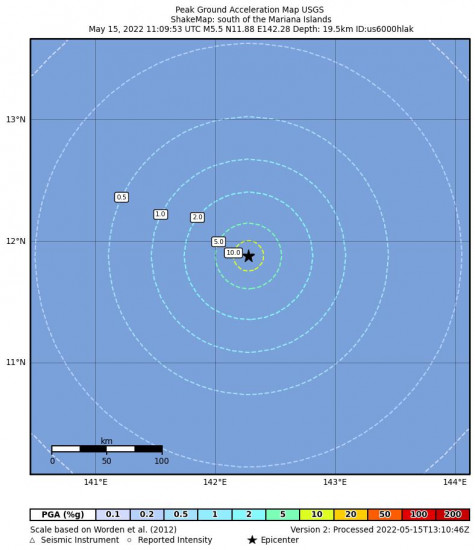Peak Ground Acceleration Map for the The Mariana Islands 5.5m Earthquake, Sunday May. 15 2022, 9:09:53 PM