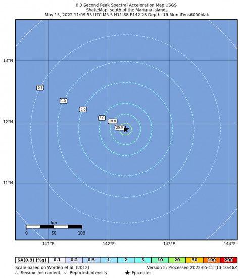 0.3 Second Peak Spectral Acceleration Map for the The Mariana Islands 5.5m Earthquake, Sunday May. 15 2022, 9:09:53 PM