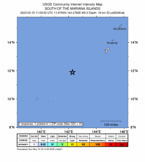 Community Internet Intensity Map for the The Mariana Islands 5.5m Earthquake, Sunday May. 15 2022, 9:09:53 PM
