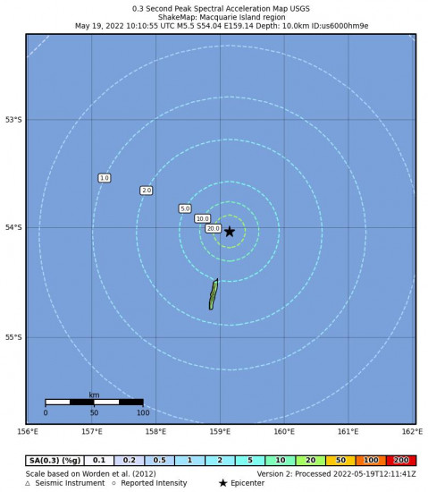 0.3 Second Peak Spectral Acceleration Map for the Macquarie Island Region 5.5m Earthquake, Thursday May. 19 2022, 8:10:55 PM