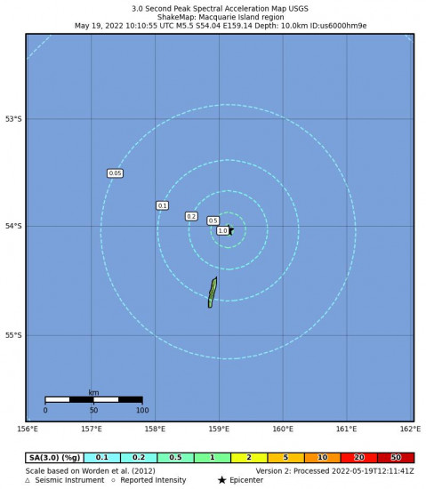 3 Second Peak Spectral Acceleration Map for the Macquarie Island Region 5.5m Earthquake, Thursday May. 19 2022, 8:10:55 PM