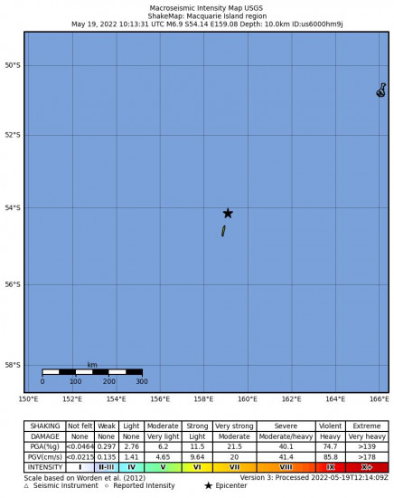 Macroseismic Intensity Map for the Macquarie Island Region 6.9m Earthquake, Thursday May. 19 2022, 8:13:31 PM