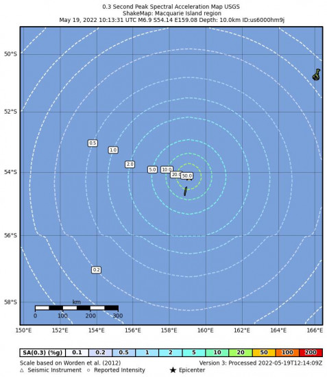0.3 Second Peak Spectral Acceleration Map for the Macquarie Island Region 6.9m Earthquake, Thursday May. 19 2022, 8:13:31 PM