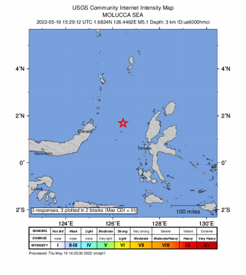 GEO Community Internet Intensity Map for the Ternate, Indonesia 5.1m Earthquake, Friday May. 20 2022, 12:29:12 AM