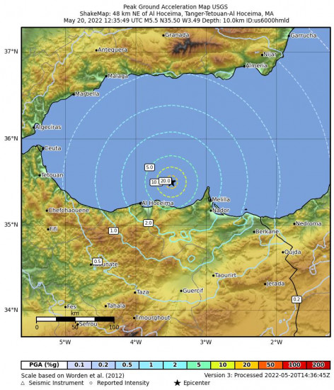 Peak Ground Acceleration Map for the Al Hoceïma, Morocco 5.5m Earthquake, Friday May. 20 2022, 1:35:49 PM