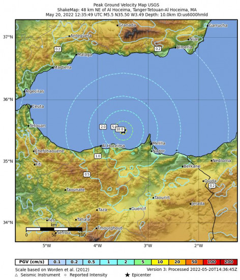 Peak Ground Velocity Map for the Al Hoceïma, Morocco 5.5m Earthquake, Friday May. 20 2022, 1:35:49 PM