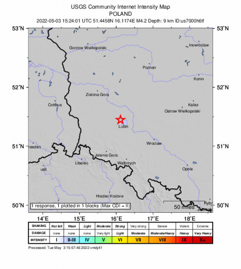 GEO Community Internet Intensity Map for the Polkowice, Poland 4.2m Earthquake, Tuesday May. 03 2022, 5:24:01 PM