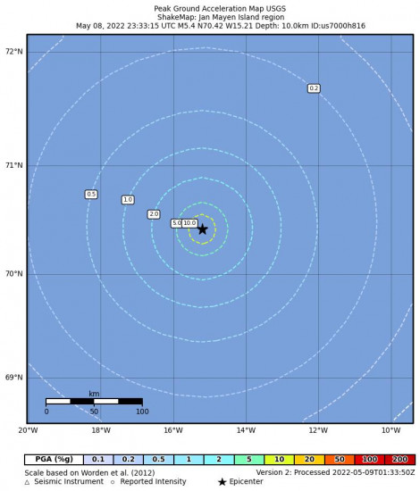 Peak Ground Acceleration Map for the Olonkinbyen, Svalbard And Jan Mayen 5.4m Earthquake, Monday May. 09 2022, 1:33:15 AM