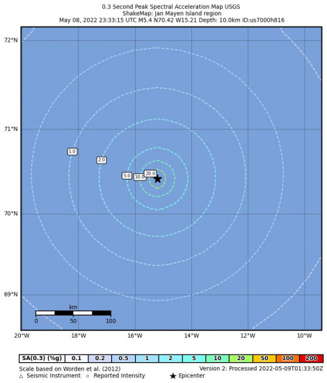 0.3 Second Peak Spectral Acceleration Map for the Olonkinbyen, Svalbard And Jan Mayen 5.4m Earthquake, Monday May. 09 2022, 1:33:15 AM