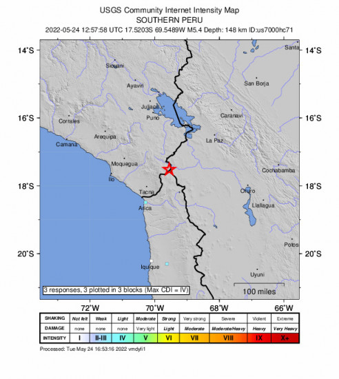 GEO Community Internet Intensity Map for the Estique, Peru 5.4m Earthquake, Tuesday May. 24 2022, 7:57:58 AM