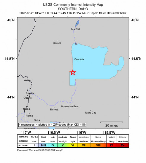Community Internet Intensity Map for the Smiths Ferry, Idaho 2.7m Earthquake, Tuesday May. 24 2022, 7:46:17 PM