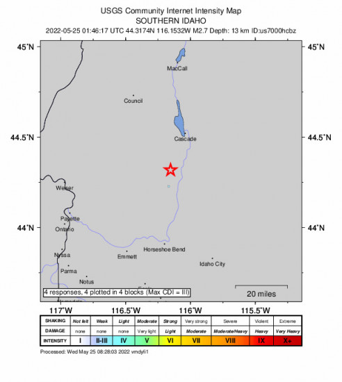 GEO Community Internet Intensity Map for the Smiths Ferry, Idaho 2.7m Earthquake, Tuesday May. 24 2022, 7:46:17 PM