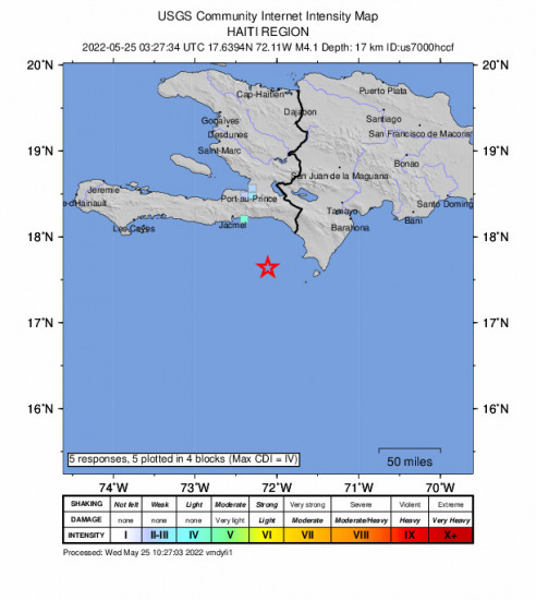GEO Community Internet Intensity Map for the Pedernales, Dominican Republic 4.1m Earthquake, Tuesday May. 24 2022, 11:27:34 PM