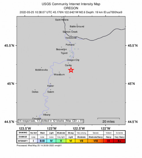 GEO Community Internet Intensity Map for the Molalla, Oregon 2.6m Earthquake, Wednesday May. 25 2022, 3:38:07 AM