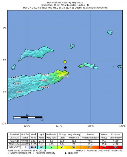 Macroseismic Intensity Map for the Lospalos, Timor Leste 6.2m Earthquake, Friday May. 27 2022, 11:36:05 AM