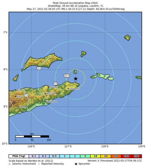 Peak Ground Acceleration Map for the Lospalos, Timor Leste 6.2m Earthquake, Friday May. 27 2022, 11:36:05 AM