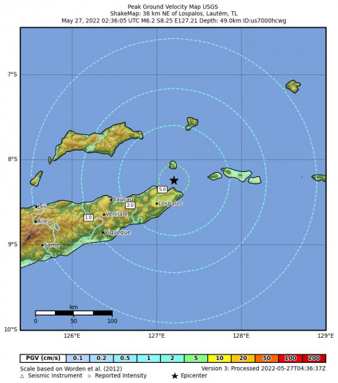 Peak Ground Velocity Map for the Lospalos, Timor Leste 6.2m Earthquake, Friday May. 27 2022, 11:36:05 AM