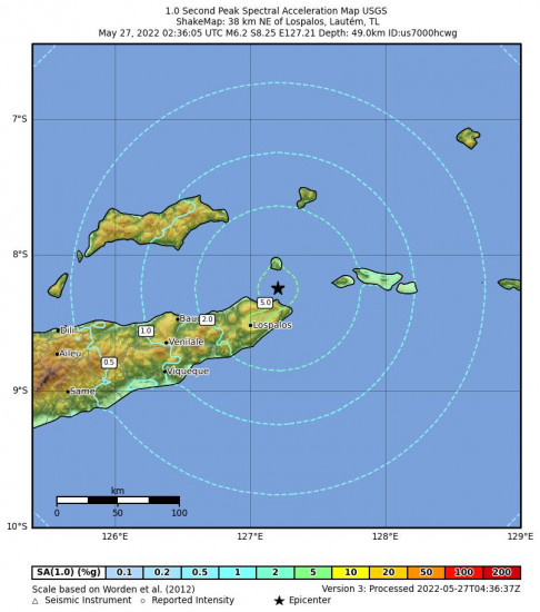 1 Second Peak Spectral Acceleration Map for the Lospalos, Timor Leste 6.2m Earthquake, Friday May. 27 2022, 11:36:05 AM