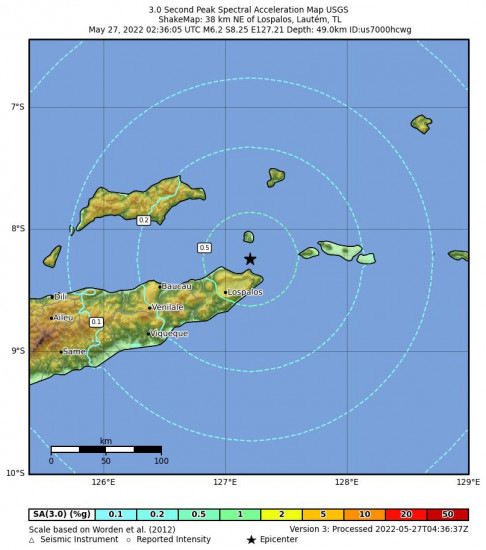 3 Second Peak Spectral Acceleration Map for the Lospalos, Timor Leste 6.2m Earthquake, Friday May. 27 2022, 11:36:05 AM
