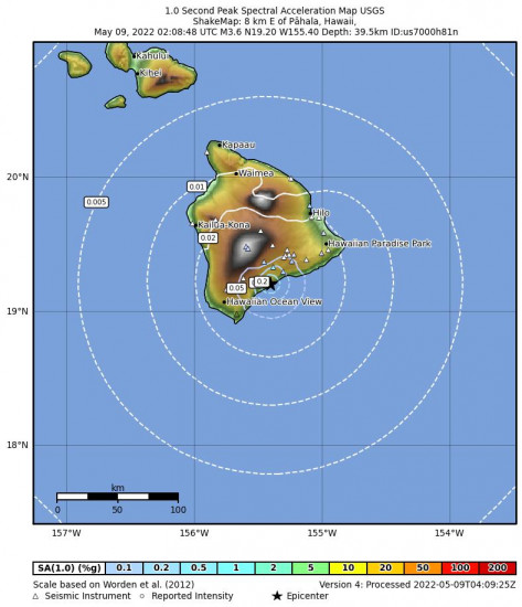 1 Second Peak Spectral Acceleration Map for the Pāhala, Hawaii 3.35m Earthquake, Sunday May. 08 2022, 4:08:49 PM