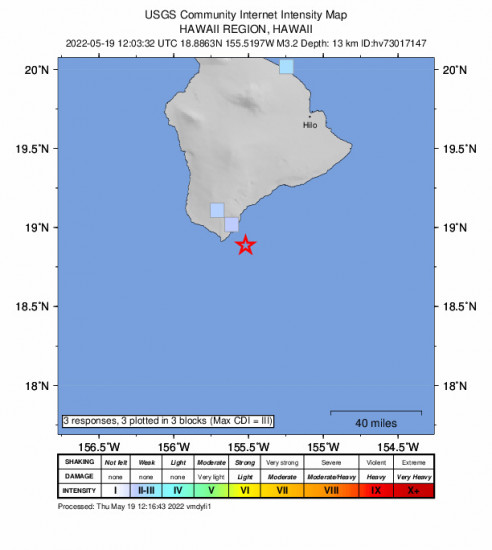 GEO Community Internet Intensity Map for the Naalehu, Hawaii 3.19m Earthquake, Thursday May. 19 2022, 2:03:32 AM