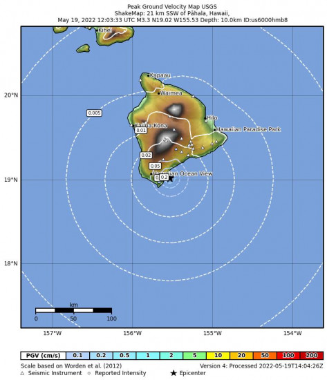 Peak Ground Velocity Map for the Naalehu, Hawaii 3.19m Earthquake, Thursday May. 19 2022, 2:03:32 AM