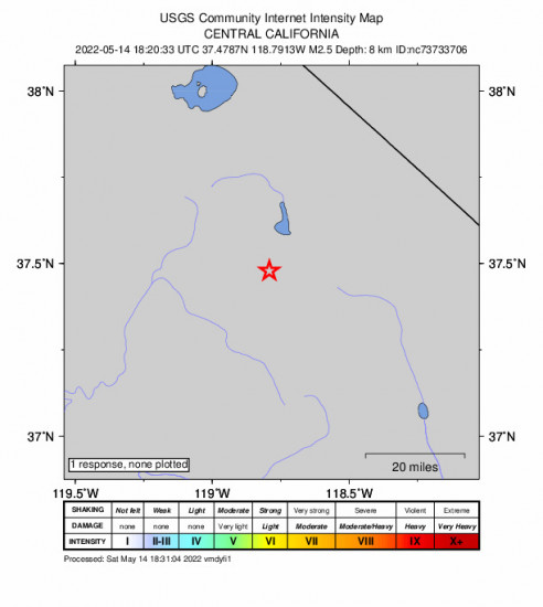 GEO Community Internet Intensity Map for the Toms Place, Ca 2.45m Earthquake, Saturday May. 14 2022, 11:20:33 AM