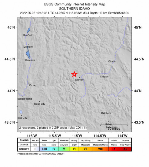 Community Internet Intensity Map for the Stanley, Idaho 3.4m Earthquake, Monday May. 23 2022, 4:43:36 AM