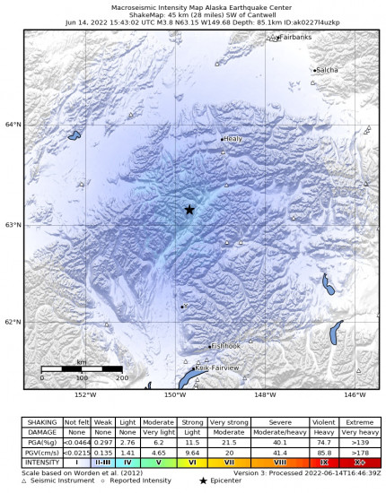 Macroseismic Intensity Map for the Cantwell, Alaska 3.8m Earthquake, Tuesday Jun. 14 2022, 7:43:02 AM